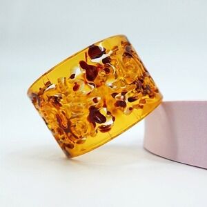 VTG Lucite Bangle Bracelet Faux Tortoise Shell Wide Chunky Cut out Brown 8.5"